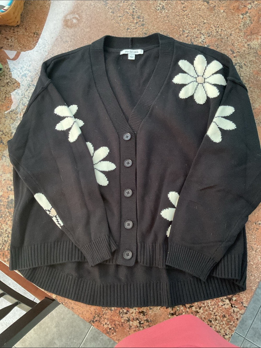 Peace Love World Black Cardigan with Cream Daisy Motif